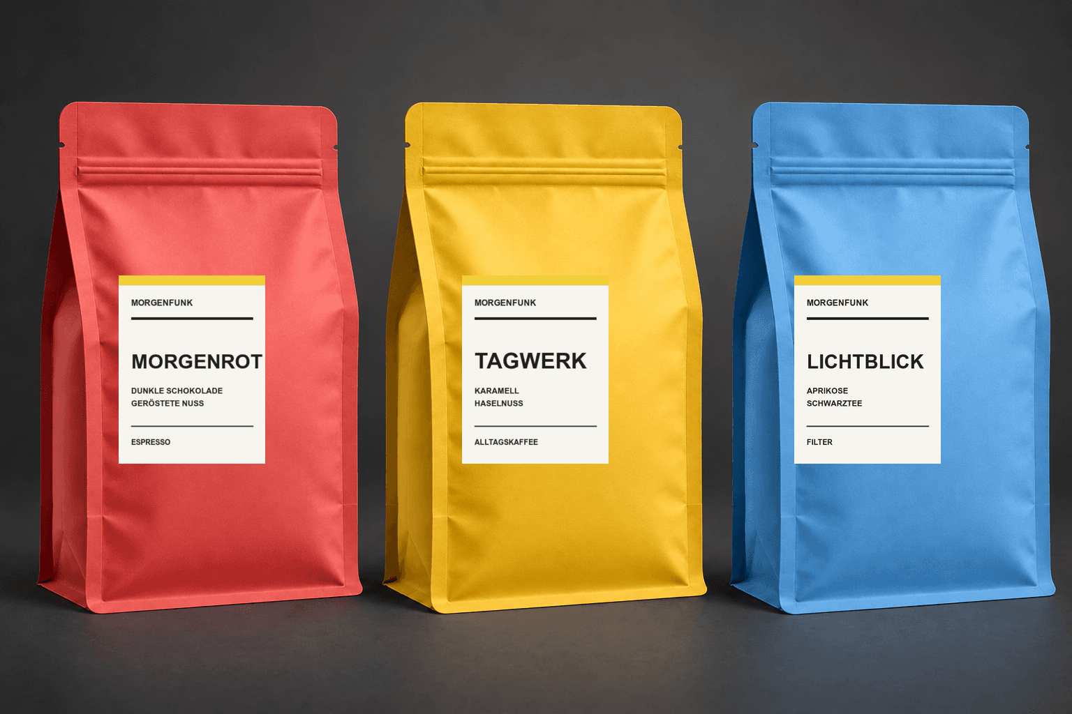 Morgenrot, Tagwerk und Lichtblick in einheitlich gestalteten MORGENFUNK-Packungen