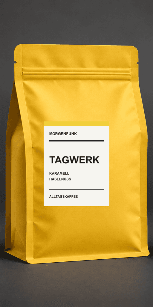 Gelber MORGENFUNK-Kaffeebeutel der Sorte Tagwerk